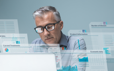 man reviewing clinical data, current treatments, economic data, product information, and data on burden of disease